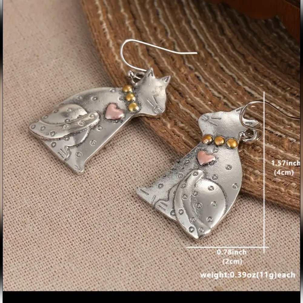 NEW Silver Cat Earrings with Pink and Gold Accents - Picture 3 of 4